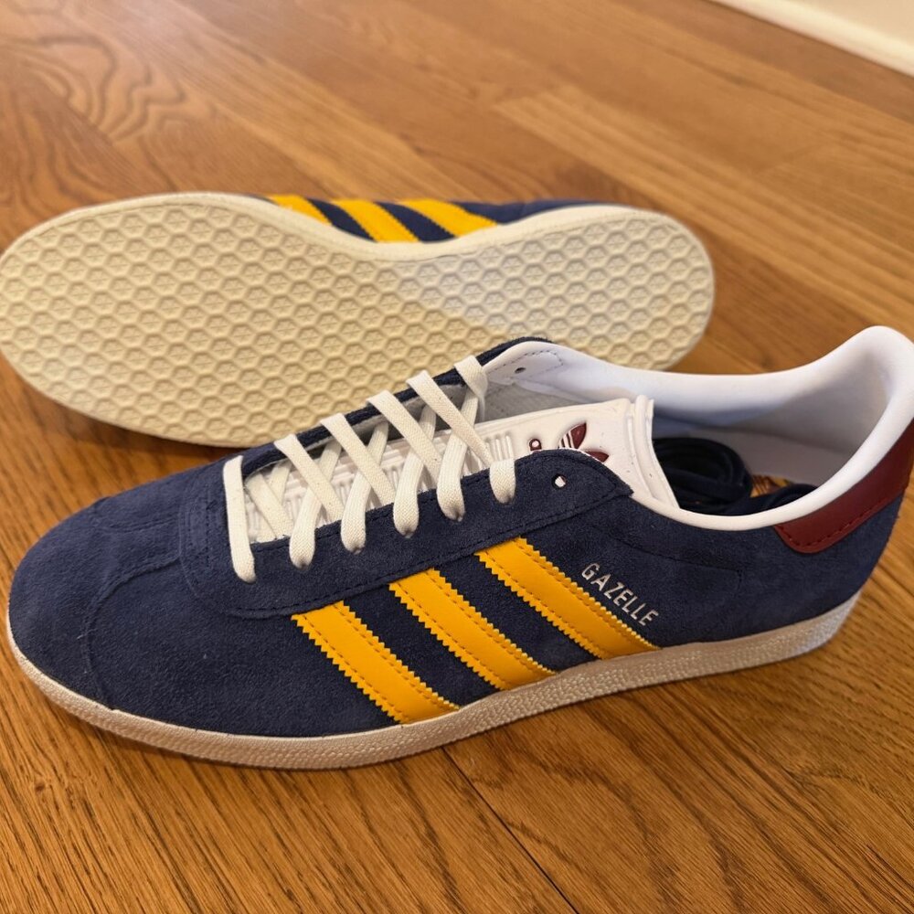 Brand new Adidas Gazelles Navy and Yellow with Maroon Accent